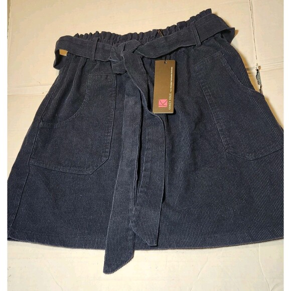 Kancy Kole Corduroy Paper Bag High Waist A Line Mini Skirt Size M Navy Blue NWT - Picture 1 of 5